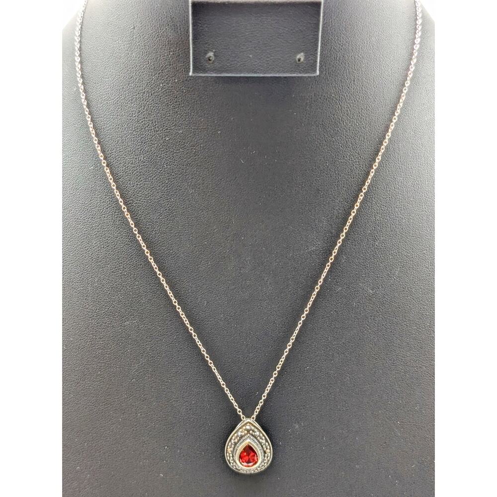 925 Sterling Bezel Set Red Faceted Crystal Teardrop Marcasite Surround Necklace